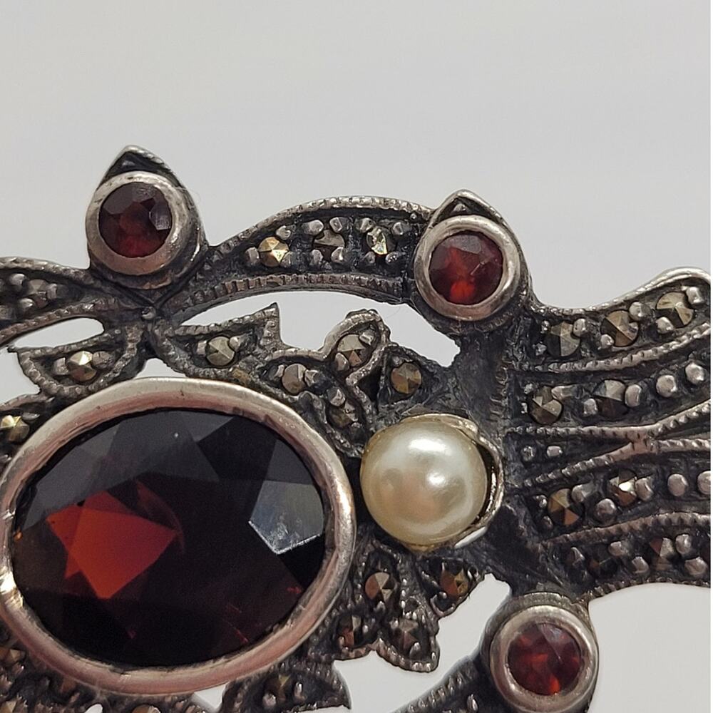 Vintage Sterling Silver Marcasite Pearl Brooch Coquette Art Deco Pin - Picture 9 of 15